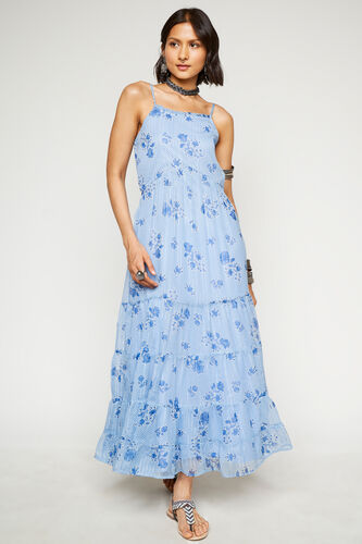 Blue Floral Gathered Straight Gown, Blue, image 1